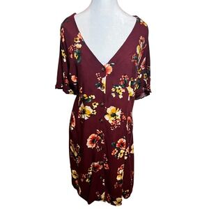 Forever 21+ Boho Floral Print Button Front Midi Dress Burgundy Yellow Red 3XL